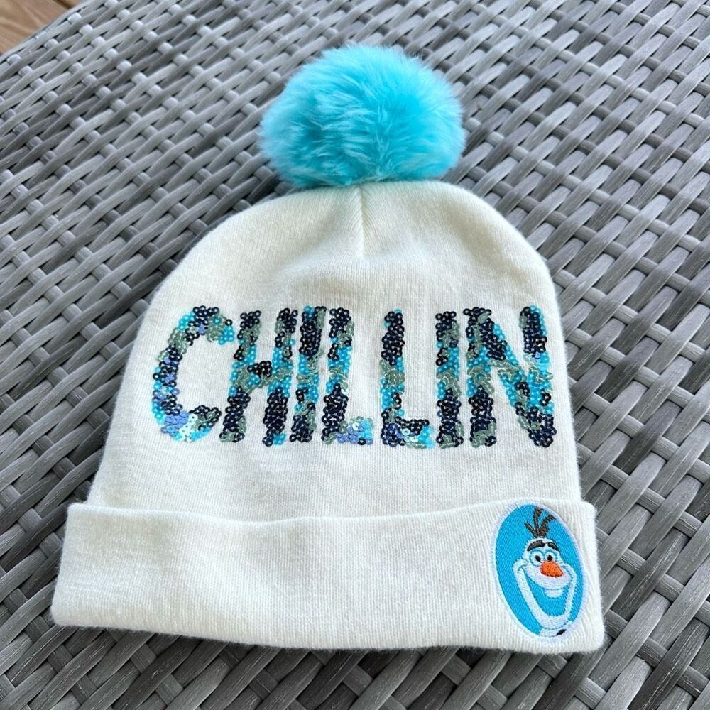 Disney Frozen Chillin Olaf Sequins Cuffed Pom‎ Knit Hat